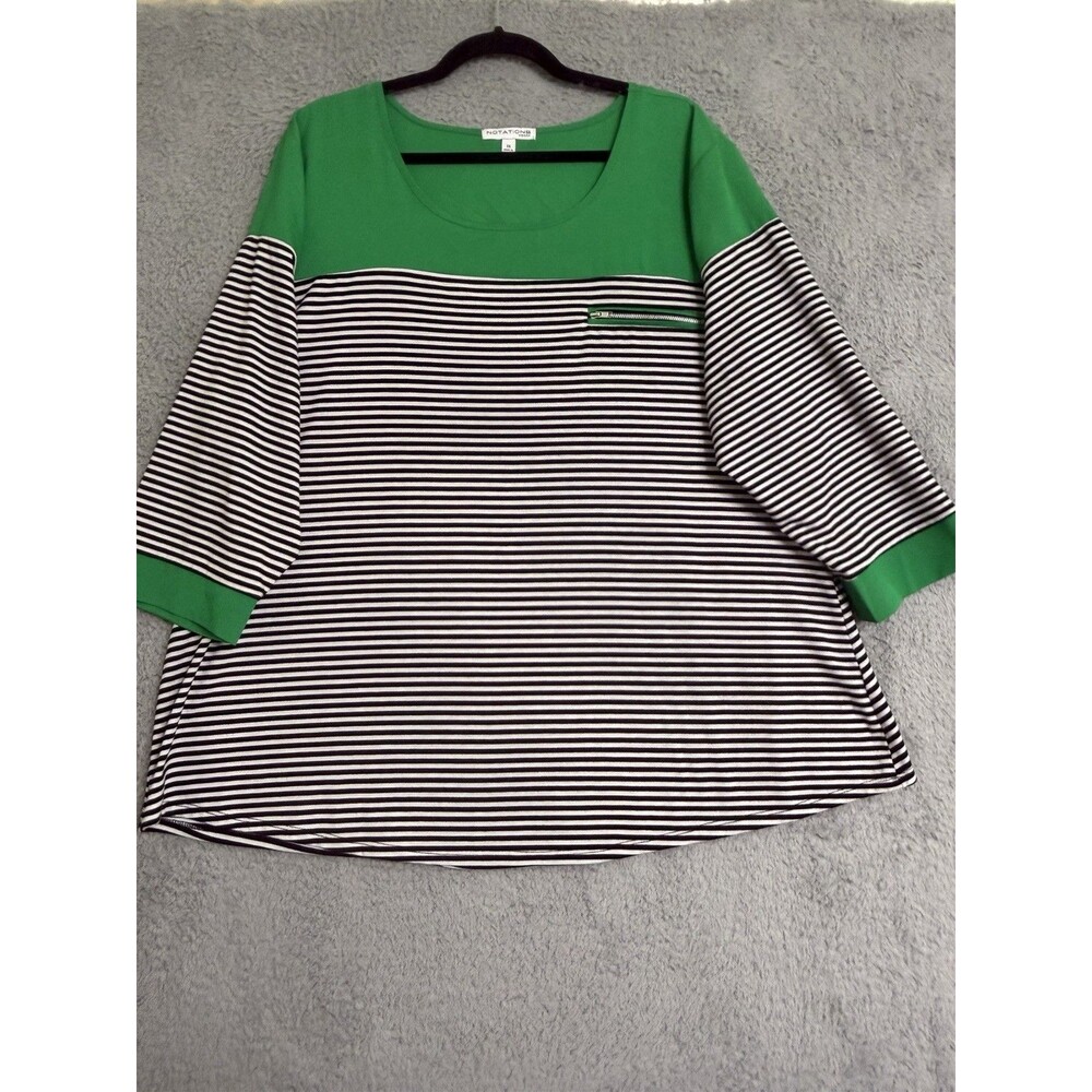 Notations Womens Plus Blouse Black Stripe Green Yoke Colorblock Zipper 3X